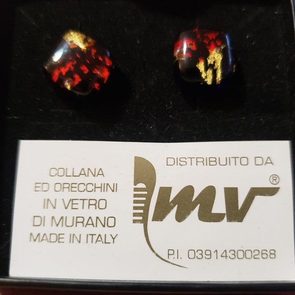 Murano Glass Necklace and Earring Set, Black, Red and Gold - Picture 2 of 11